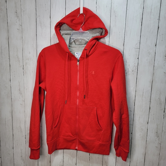 Champion Red Sweatshirt Fleece Jacket Powerblend Full Zip Hooded Logo Size Small - Picture 1 of 8